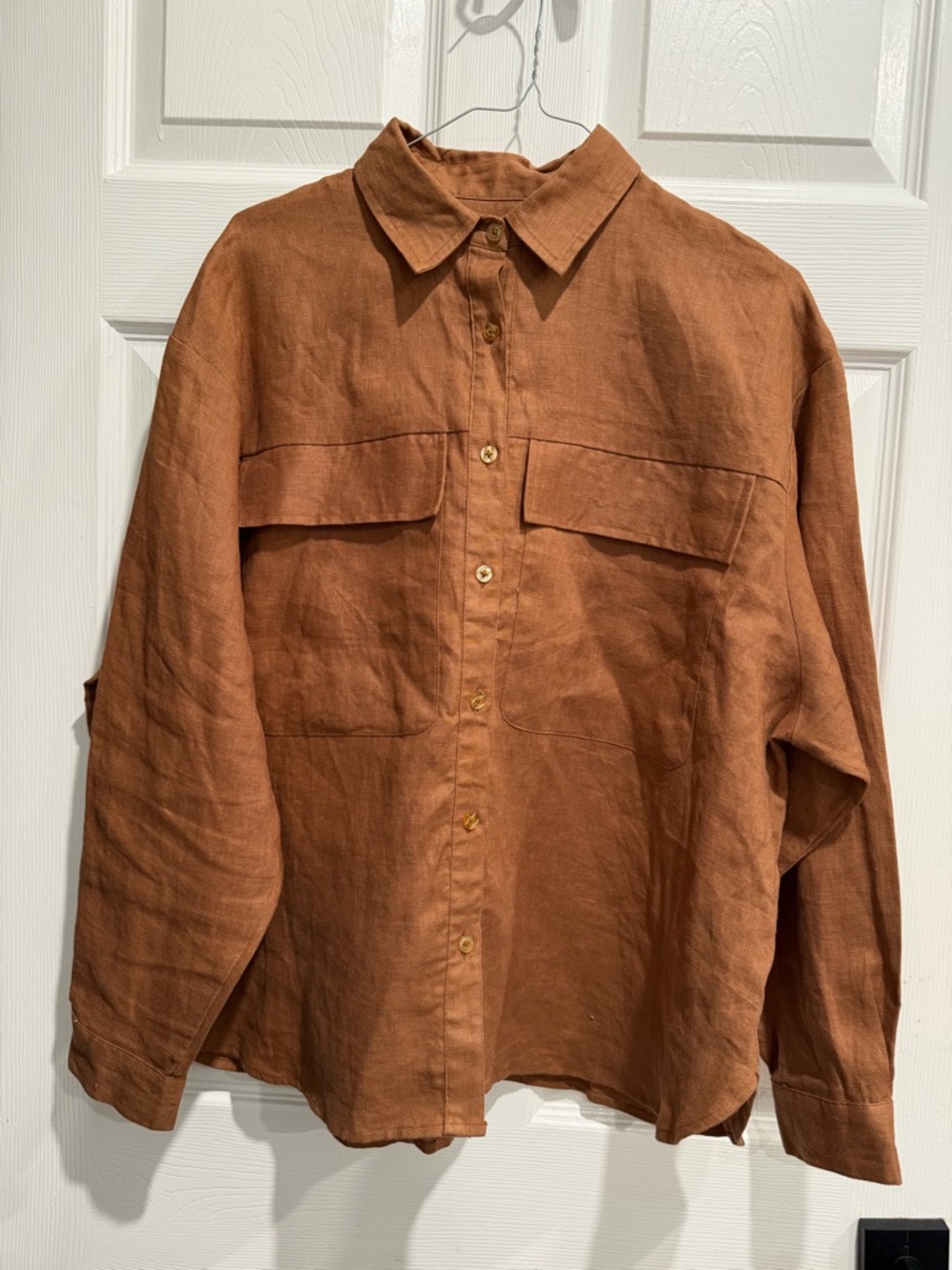 Button-Front 100% Linen Shirt in Rust Brown